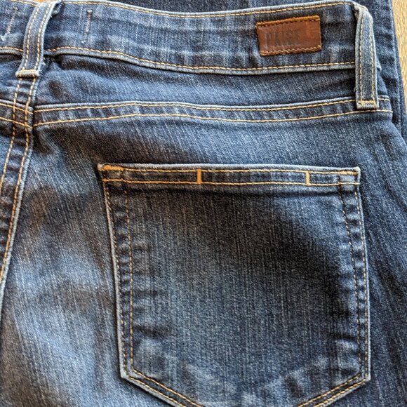 PAIGE, Dark Wash Distressed Skyline Boot Cut Low Rise Denim Blue Jeans, Size 27 - Picture 8 of 11
